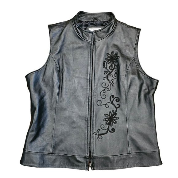 Y2k Black Leather Floral Embroidered Zipup Vest Large Biker Edgy Lined‎ - Picture 4 of 10